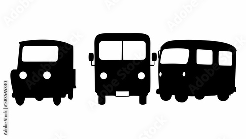 Three black silhouette style buses with different designs side by side on a white background view | editable eps vectors