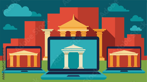The laptops screen reflects the ornate architecture of the surrounding museum blurring the lines between art and technology.. Vector illustration