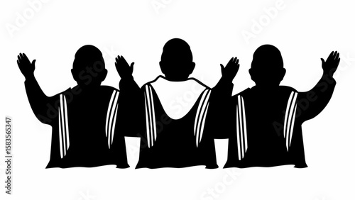 Three figures with robes and raised hands in silhouette against a white background in vector format | editable eps vectors
