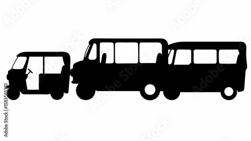 Silhouette of a three wheeled auto rickshaw and two buses in a row on a white background view | editable eps vectors