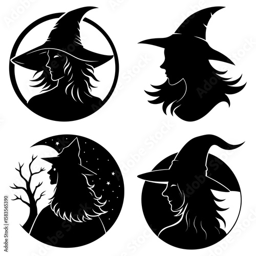 Four witch silhouette portraits with hats and circular backgrounds in black and white design style