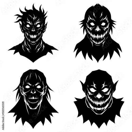 Four black and white stylized monster faces with sharp teeth and glowing eyes in a vector illustration