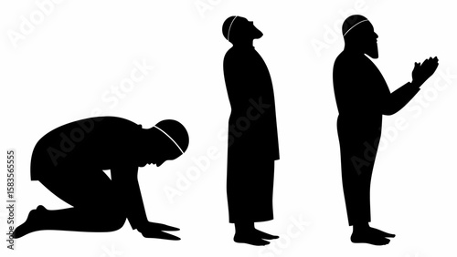 Silhouette illustration showing muslim men in different prayer positions in black and white color scheme | editable eps vectors