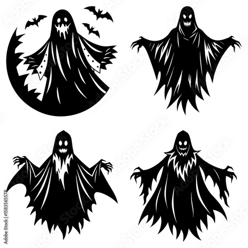 Four black silhouette halloween ghosts with different designs on a white background vector illustration