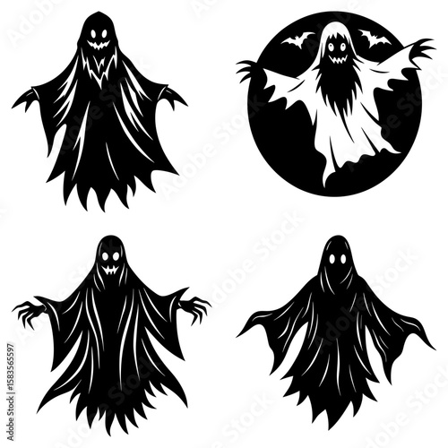 Illustration showing four black and white spooky ghost figures in different shapes and styles design concept