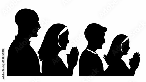 Silhouette illustration of four people in prayer two women wearing head coverings and two men shown | editable eps vectors
