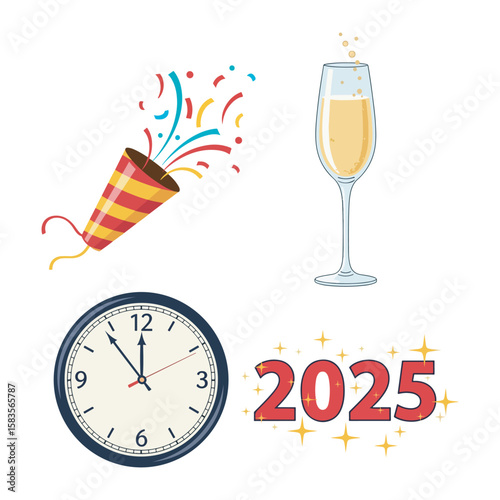 Happy New Year 2025: Festive Clock, Champagne, and Party Popper Illustration