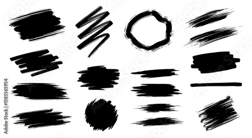 Collection of fourteen diverse black ink brush strokes and shapes for artistic design.