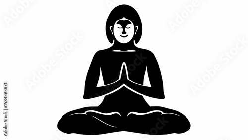 Illustration of a person meditating in a lotus position with hands in prayer in black and white art | editable eps vectors silhouette
