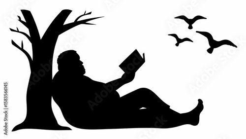 Silhouette of a man reading under a tree with birds flying in the sky on a white background scene | editable eps vectors