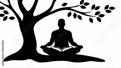 Silhouette of a person meditating under a tree while reading a book in a peaceful and serene setting | editable eps vectors