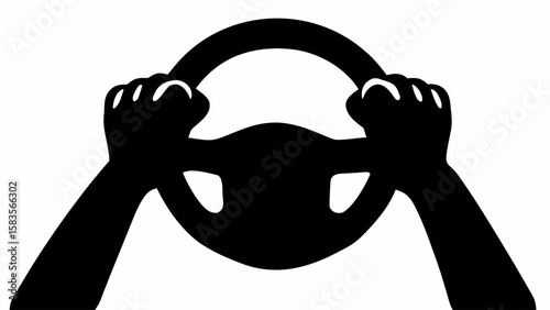 Hands holding a steering wheel in black silhouette on a white background driving a vehicle safely | editable eps vectors
