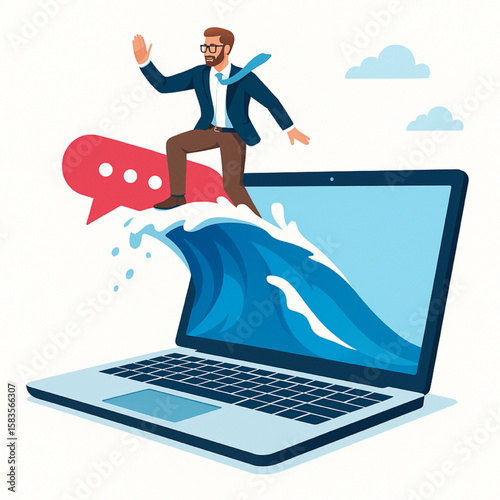 A businessman is surfing a wave coming out of a laptop screen, symbolizing navigating online trends and digital challenges with communication.