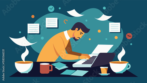 Soft jazz music plays in the background as a writer intently works on their screenplay surrounded by empty coffee cups.. Vector illustration