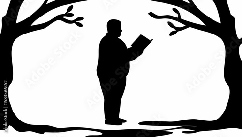 Silhouette of a man reading a book standing between two trees in a black and white illustration | editable eps vectors