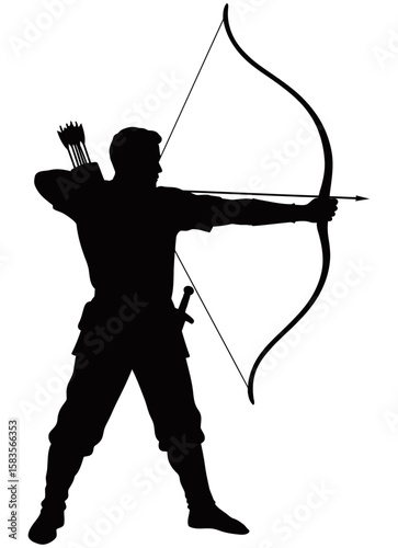 Silhouette of a medieval archer aiming a drawn bow with arrow. The figure stands in strong stance, wearing traditional gear with quiver on back.