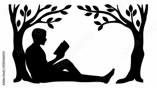 Silhouette of a man reading a book under two trees with leaves in a peaceful and quiet setting | editable eps vectors