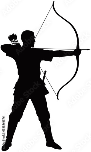 Silhouette of a medieval archer aiming a drawn bow with arrow. The figure stands in strong stance, wearing traditional gear with quiver on back.