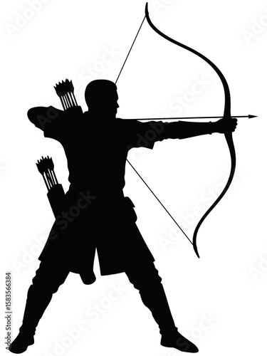 Silhouette of a medieval archer aiming a drawn bow with arrow. The figure stands in strong stance, wearing traditional gear with quiver on back.