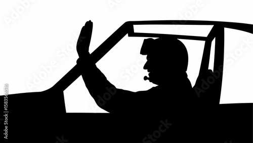 Silhouette of a pilot waving from inside the cockpit of an aircraft against a white background scene | editable eps vectors