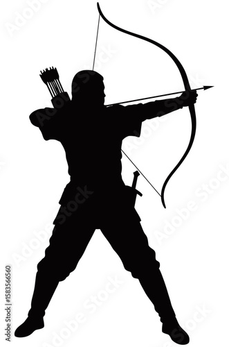 Silhouette of a medieval archer aiming a drawn bow with arrow. The figure stands in strong stance, wearing traditional gear with quiver on back.