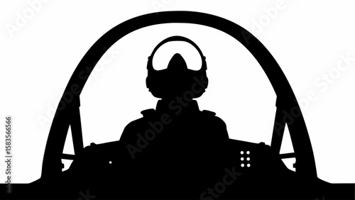 Silhouette of a pilot wearing a helmet and goggles in the cockpit of an aircraft against white space | editable eps vectors
