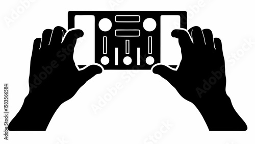 Hands holding a black panel with circles and rectangles in a symmetrical arrangement design form | editable eps vectors silhouette