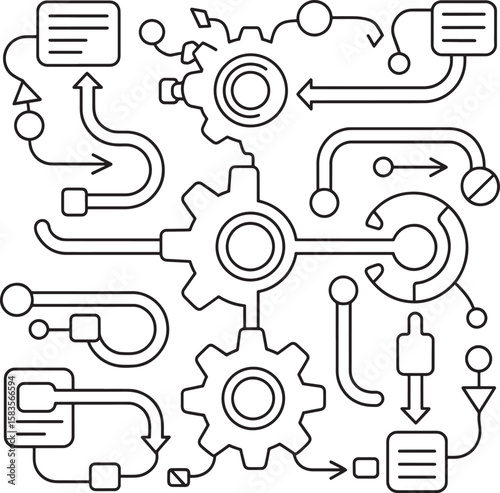 Abstract Workflow Diagram with Gears and Data Flow. Tech Flowchart, Gear Diagram, Abstract Process, Automation Vector, Data Flow Art