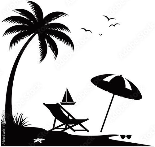 Tropical beach silhouette style featuring a retro van, flamingo, palm trees, birds, and ocean view. Minimalist black and white design ideal for travel or summer graphics.