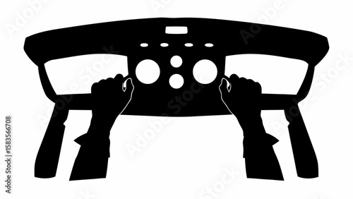 Silhouette of hands gripping a steering wheel with dashboard and controls in black and white view | editable eps vectors