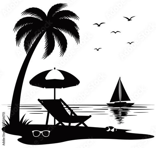 Tropical beach silhouette style featuring a retro van, flamingo, palm trees, birds, and ocean view. Minimalist black and white design ideal for travel or summer graphics.