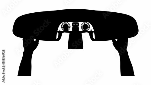 Silhouette illustration of a car dashboard being held up by two hands against a white background | editable eps vectors