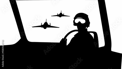 Silhouette of a pilot in a cockpit with two planes flying in formation against a white background | editable eps vectors