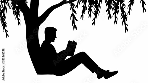 Silhouette of a man reading a book under a tree with hanging leaves in black and white illustration | editable eps vectors