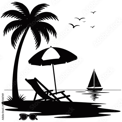 Tropical beach silhouette style featuring a retro van, flamingo, palm trees, birds, and ocean view. Minimalist black and white design ideal for travel or summer graphics.