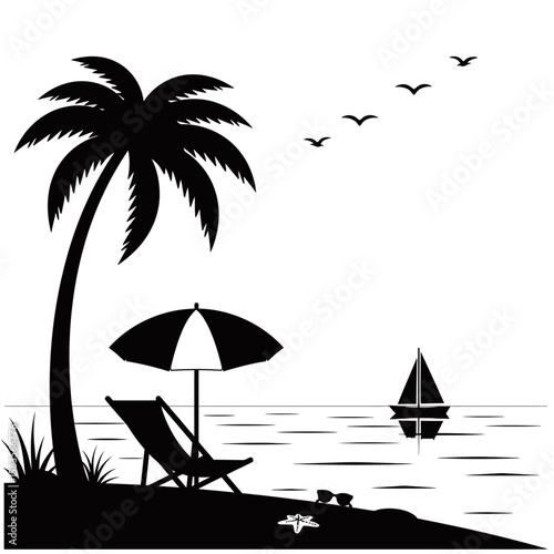 Tropical beach silhouette style featuring a retro van, flamingo, palm trees, birds, and ocean view. Minimalist black and white design ideal for travel or summer graphics.