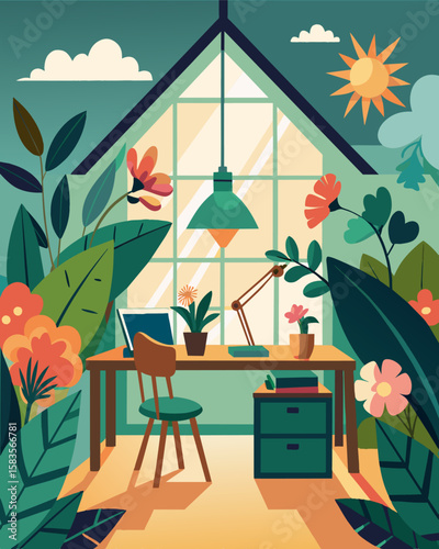 Imagine working from a loft surrounded by vibrant flowers and greenery with natural light streaming in to inspire your creativity.. Vector illustration