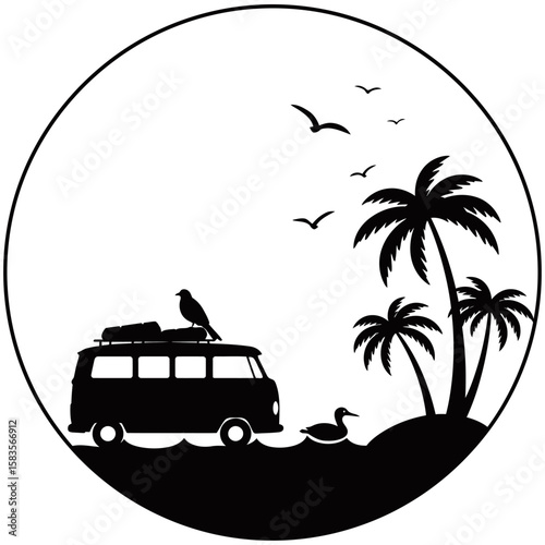 Tropical beach scene in circular silhouette style featuring a retro van, flamingo, palm trees, birds, and ocean view. Minimalist black and white design ideal for travel or summer graphics.
