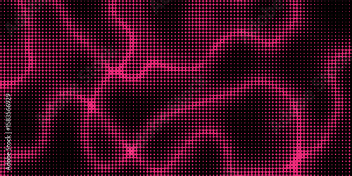 Electric neon waves filling the ether. Shimmering dots forming a pattern of smooth lines, bumps and depressions. Acid vector background for music album.