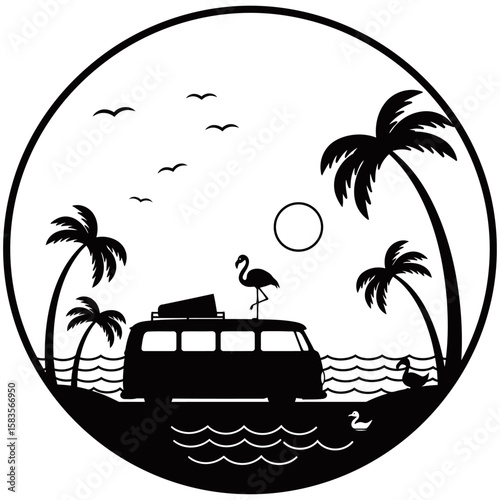 Tropical beach scene in circular silhouette style featuring a retro van, flamingo, palm trees, birds, and ocean view. Minimalist black and white design ideal for travel or summer graphics.