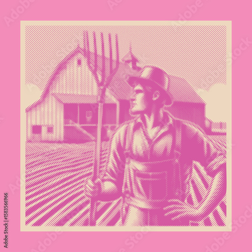  Engraving style pink color farmer holding pitchfork vector, canvas template design, stamp dot halftone effect illustration, vintage agricultural theme, rural countryside farming tool artwork