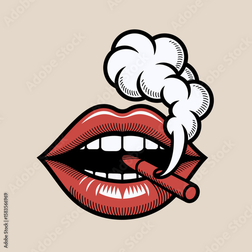 Red lips with a cigarette emitting smoke, stylized vector illustration on a beige background.