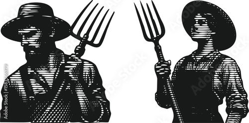  Monochrome lined engraving bundle of a farmer holding a pitchfork, vintage farming illustration, detailed hand-drawn agricultural worker, rustic countryside scene, black and white vector design