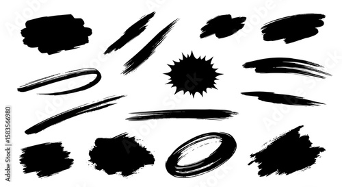 Assorted black ink brush strokes and blots with varying textures and shapes.