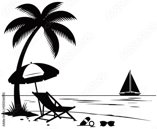 Tropical beach silhouette style featuring a retro van, flamingo, palm trees, birds, and ocean view. Minimalist black and white design ideal for travel or summer graphics.