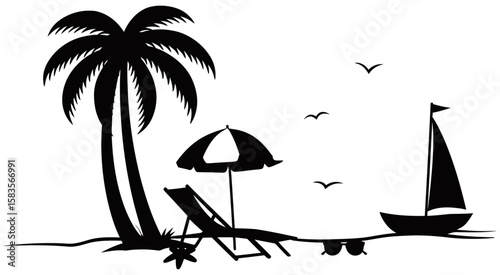 Tropical beach silhouette style featuring a retro van, flamingo, palm trees, birds, and ocean view. Minimalist black and white design ideal for travel or summer graphics.