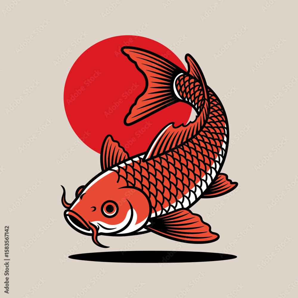 Fototapeta premium Illustration of a vibrant orange koi fish swimming upwards against a solid red circle, casting a shadow below.