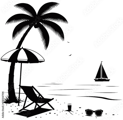 Tropical beach silhouette style featuring a retro van, flamingo, palm trees, birds, and ocean view. Minimalist black and white design ideal for travel or summer graphics.