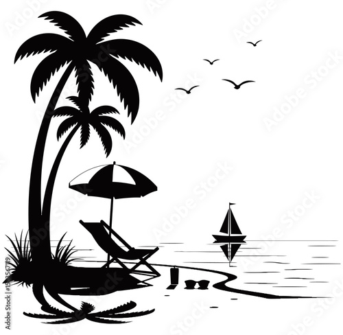 Tropical beach silhouette style featuring a retro van, flamingo, palm trees, birds, and ocean view. Minimalist black and white design ideal for travel or summer graphics.