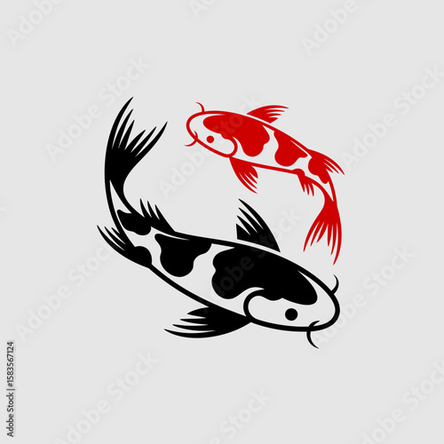 Two stylized Koi fish, one red and white, one black and white, swimming in a circular, yin-yang-like arrangement against a light gray background.
